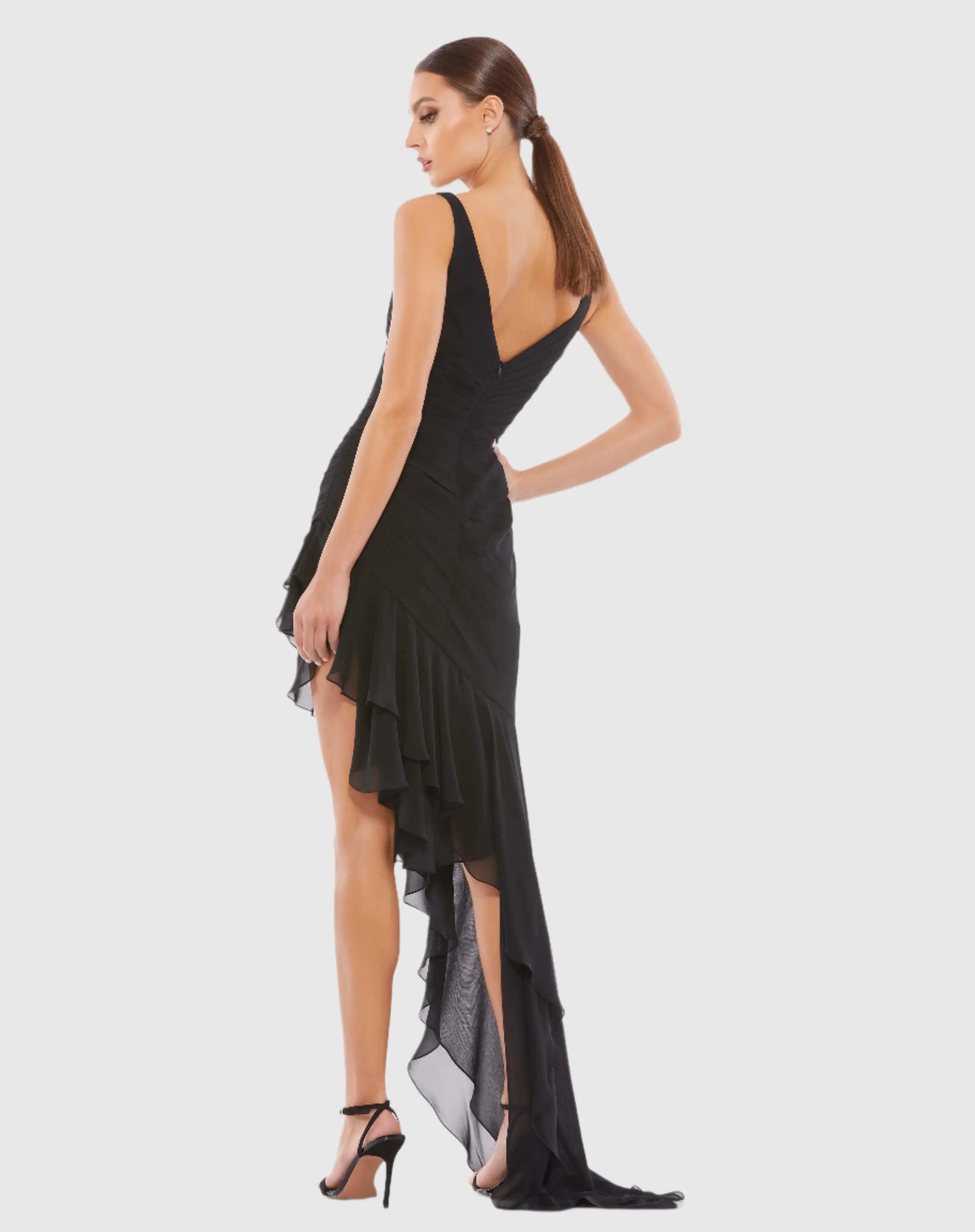 Black Asymmetrical Ruffled V-Neck Chiffon Dress