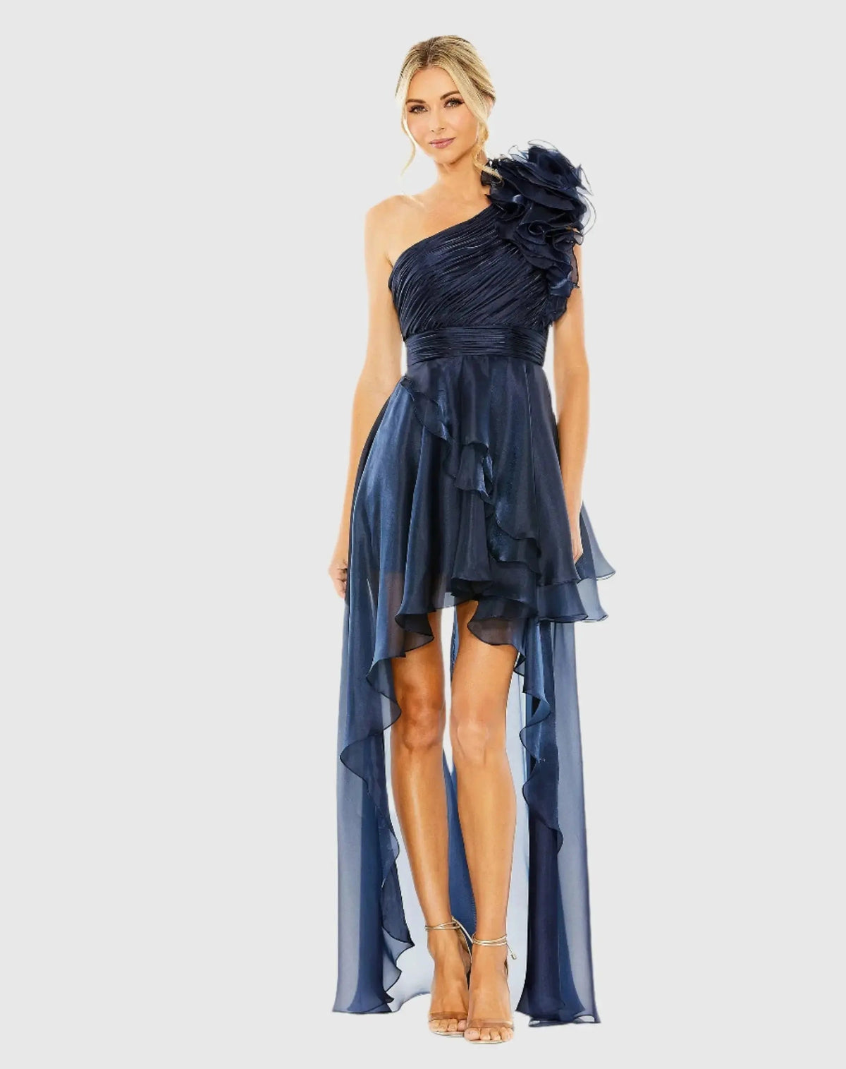 Navy One Shoulder Ruffle High Low Gown