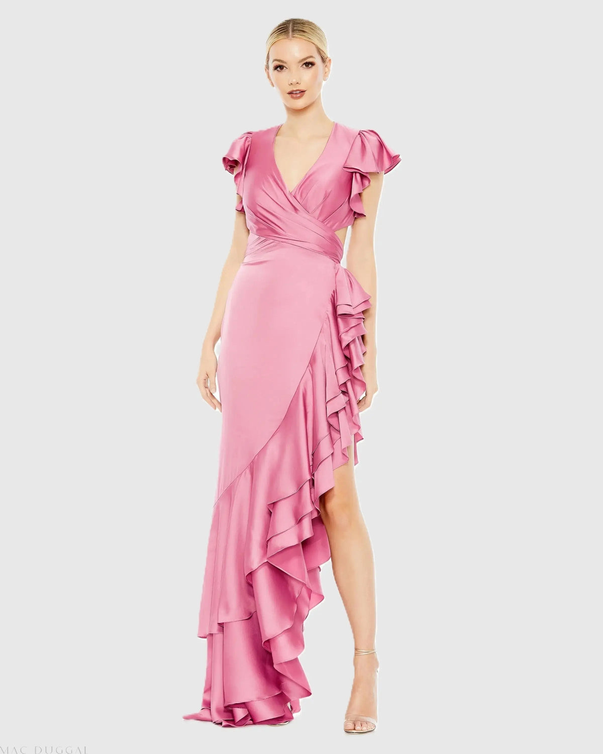 Flutter Sleeve Cut Out Asymmetrical Ruffled Gown