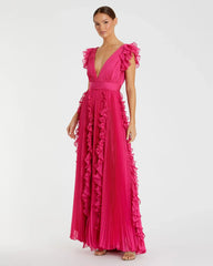 Pink Pleated Ruffle Cap Sleeve Flowy A Line Gown