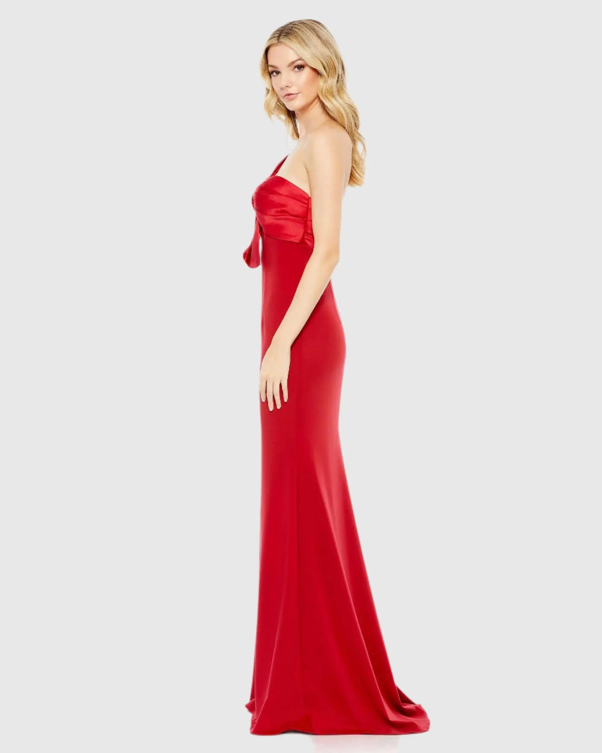 Red One Shoulder Draped Trumpet Gown