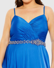 Blue Beaded Belt Faux Wrap A Line Gown (Plus)