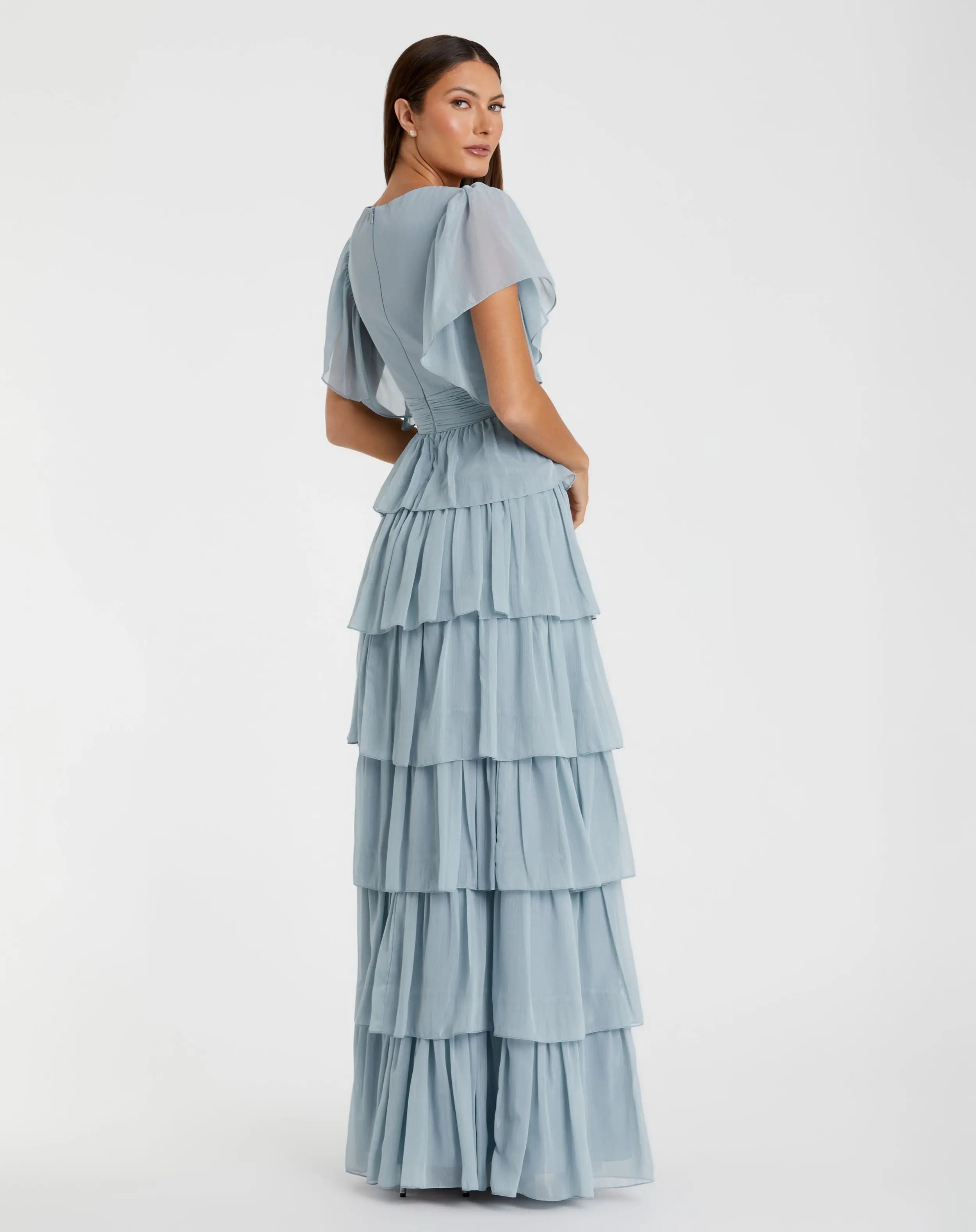 Blue Flutter Sleeve Ruffle Tiered Gown