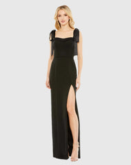 Black Square Neck Tie Strap Slit Gown