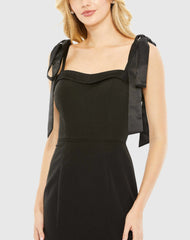 Black Square Neck Tie Strap Slit Gown