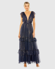 Navy Ruched Top Flutter Sleeve Deep V Gown
