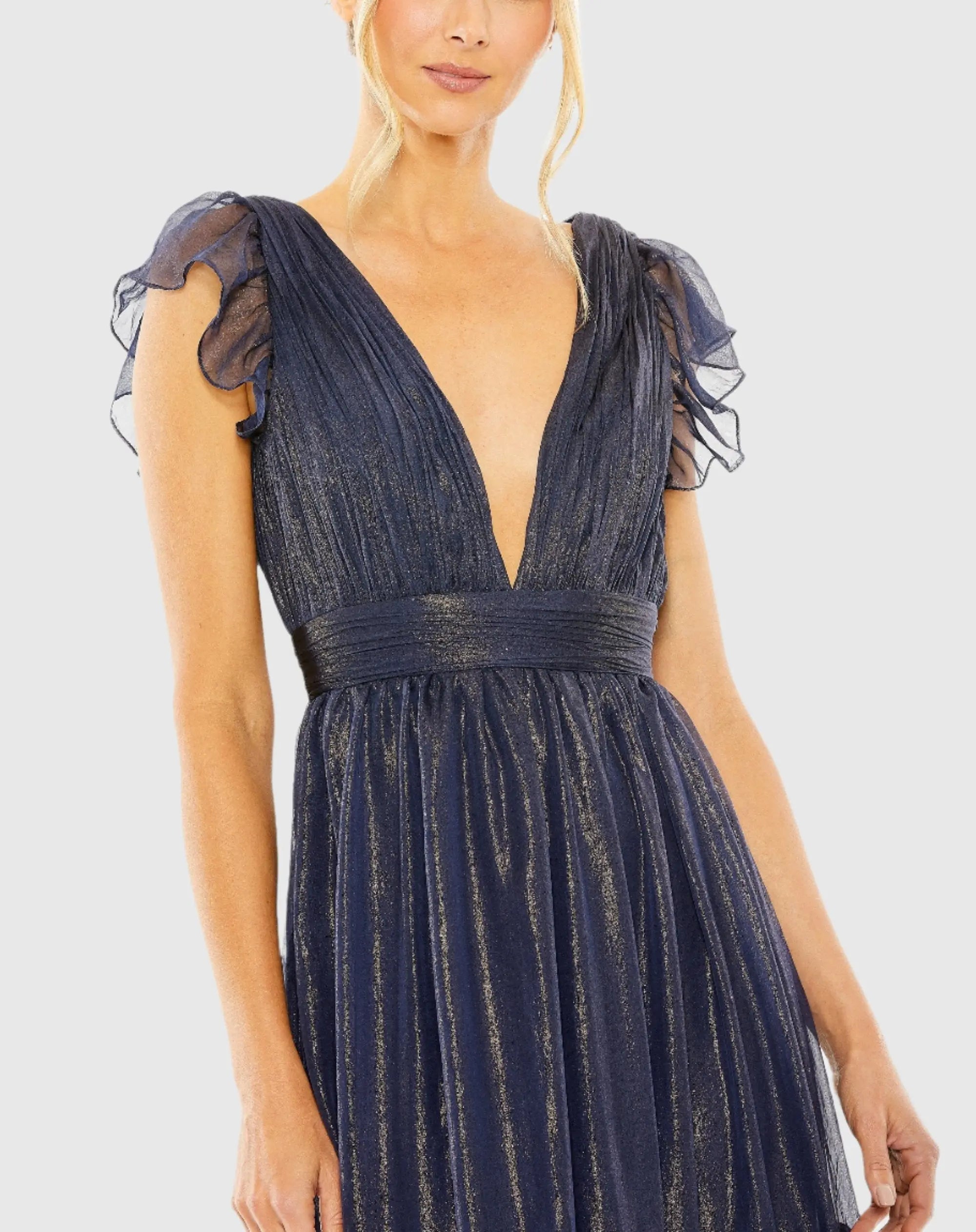 Navy Ruched Top Flutter Sleeve Deep V Gown