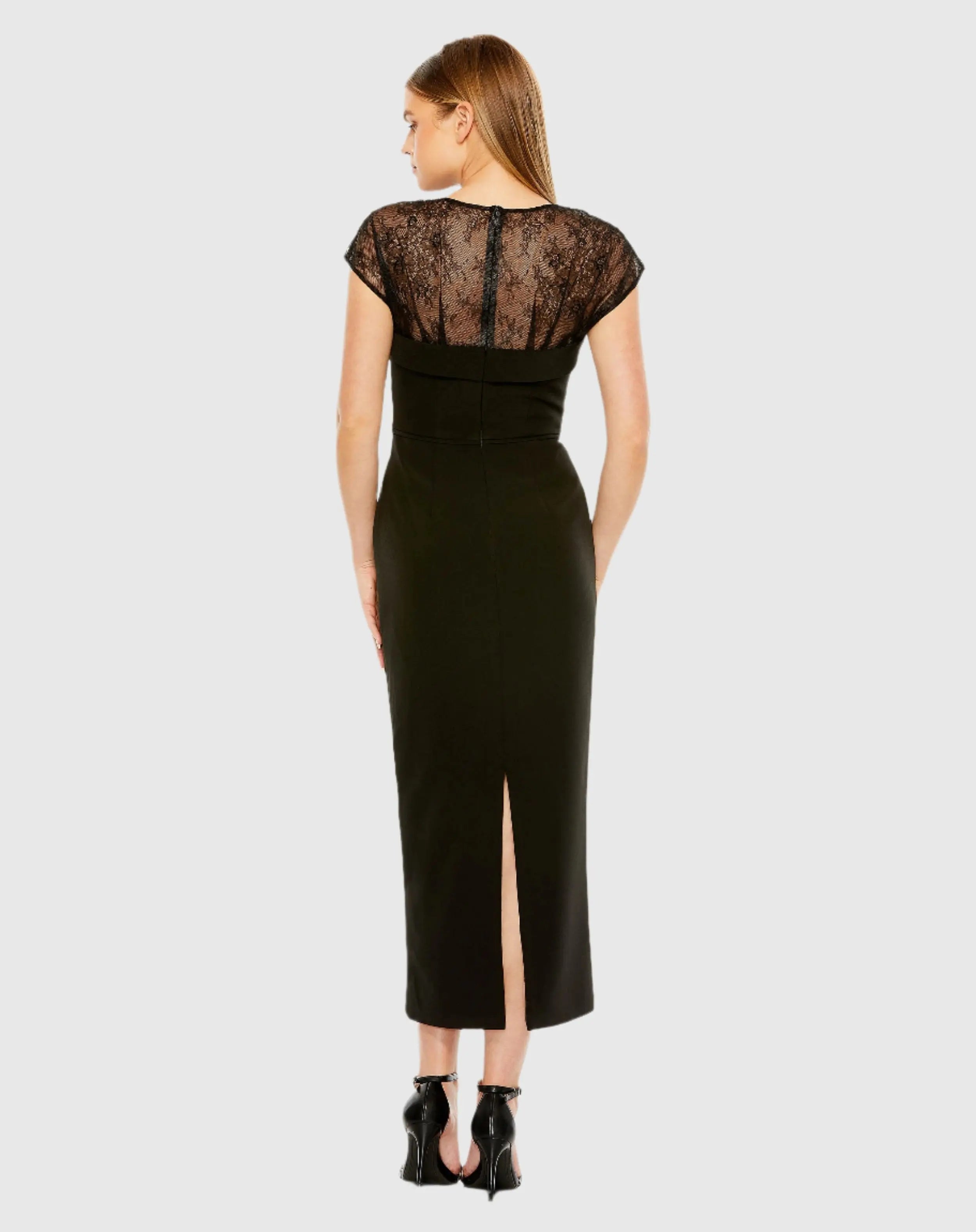 Black Sheer Lace Illusion Crepe Midi Dress
