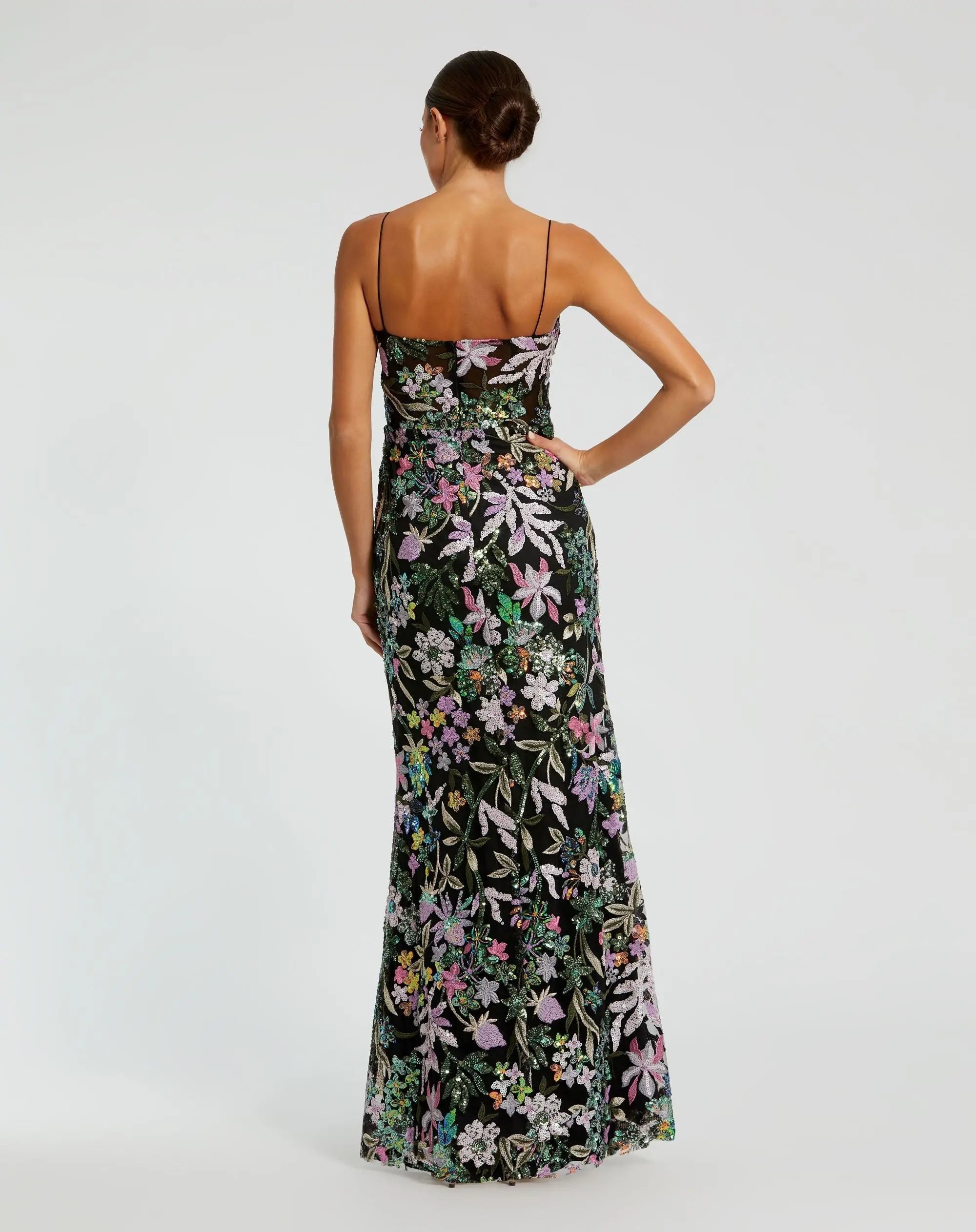 Black Multicolor Embroidered Bustier Trumpet Gown