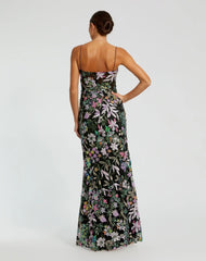 Black Multicolor Embroidered Bustier Trumpet Gown