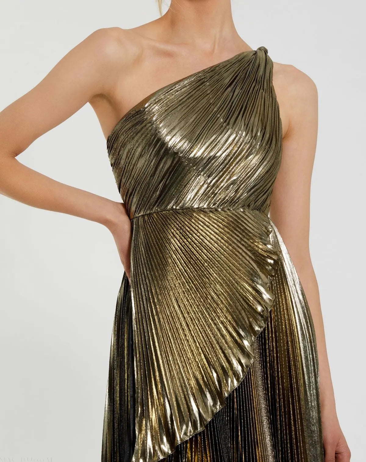 Gold Pleated Metallic One Shoulder High Low Gown