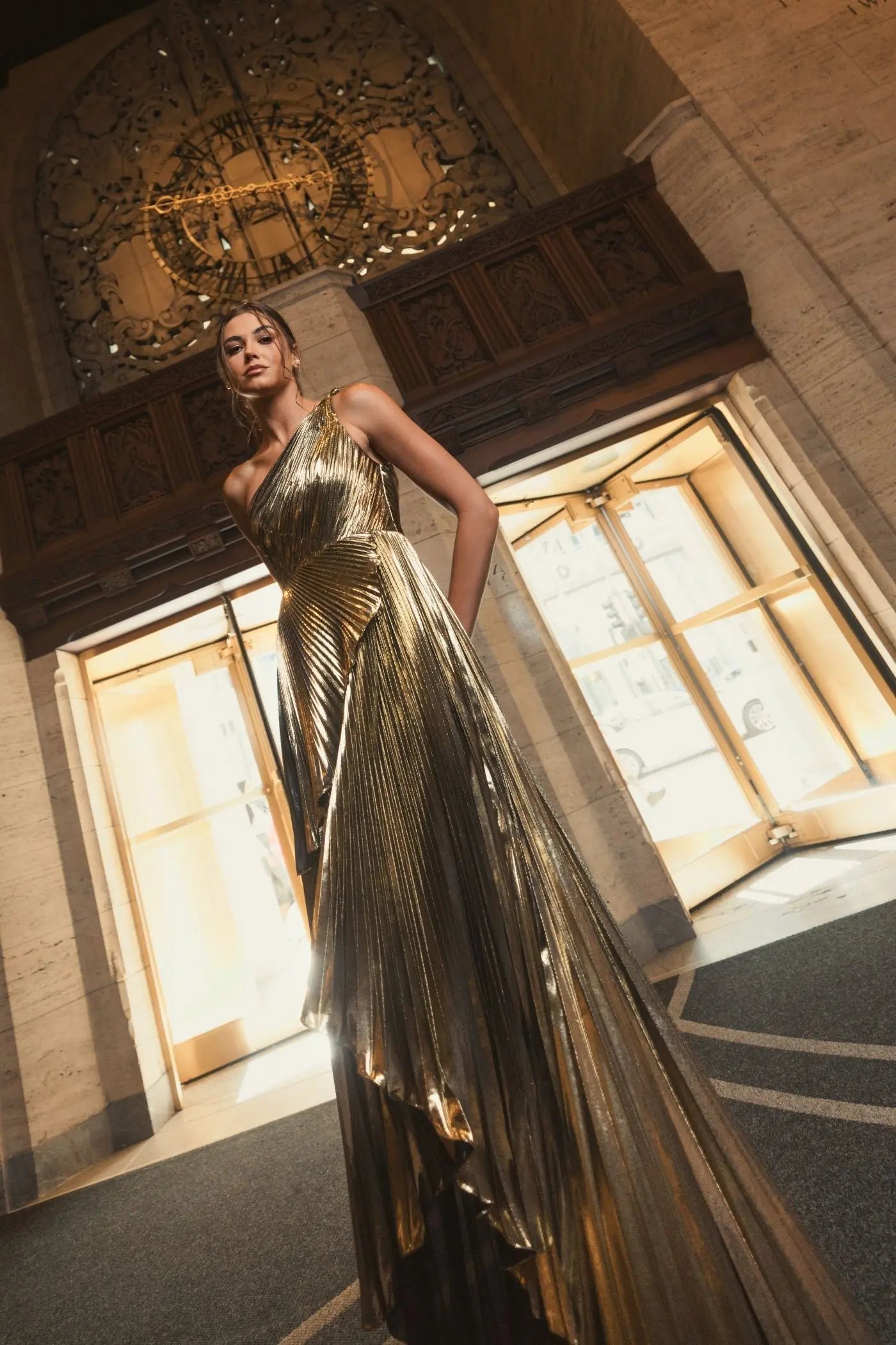 Gold Pleated Metallic One Shoulder High Low Gown