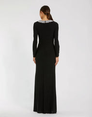 Black Jersey Long Sleeve Fitted Gown With Beaded Neck