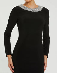 Black Jersey Long Sleeve Fitted Gown With Beaded Neck