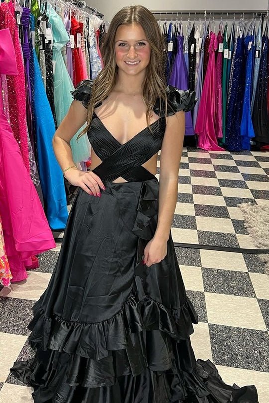 Brittany | Red Cutout Ruffle A-Line Long Prom Dress with Slit