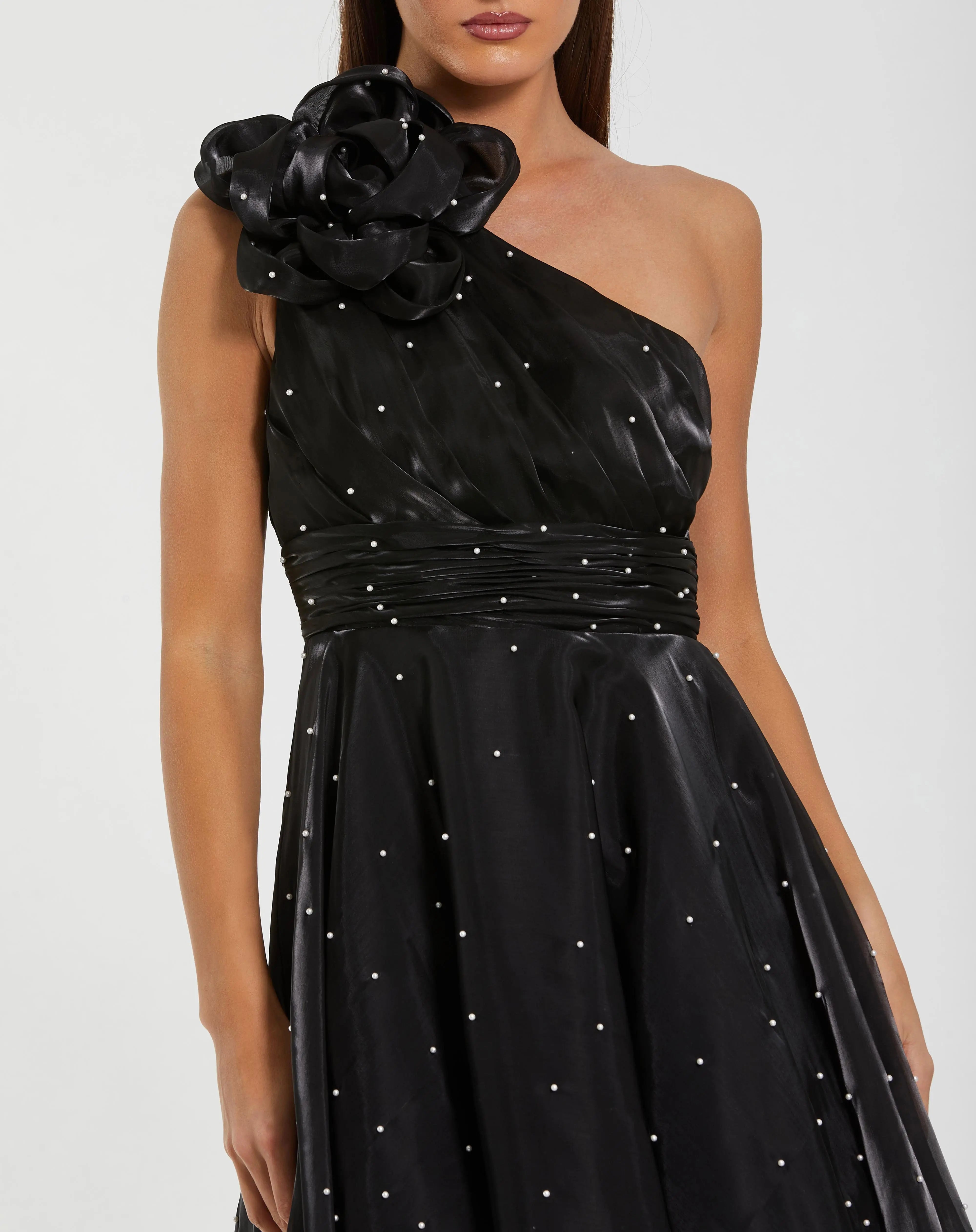 Black Pearl Embellished One Shoulder Organza Midi Dress