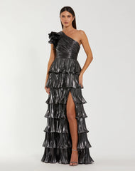 Dark Gray Pleated Metallic Ruffled One Shoulder Gown