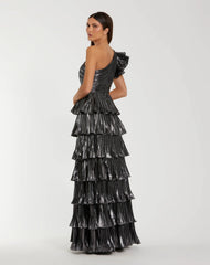 Dark Gray Pleated Metallic Ruffled One Shoulder Gown
