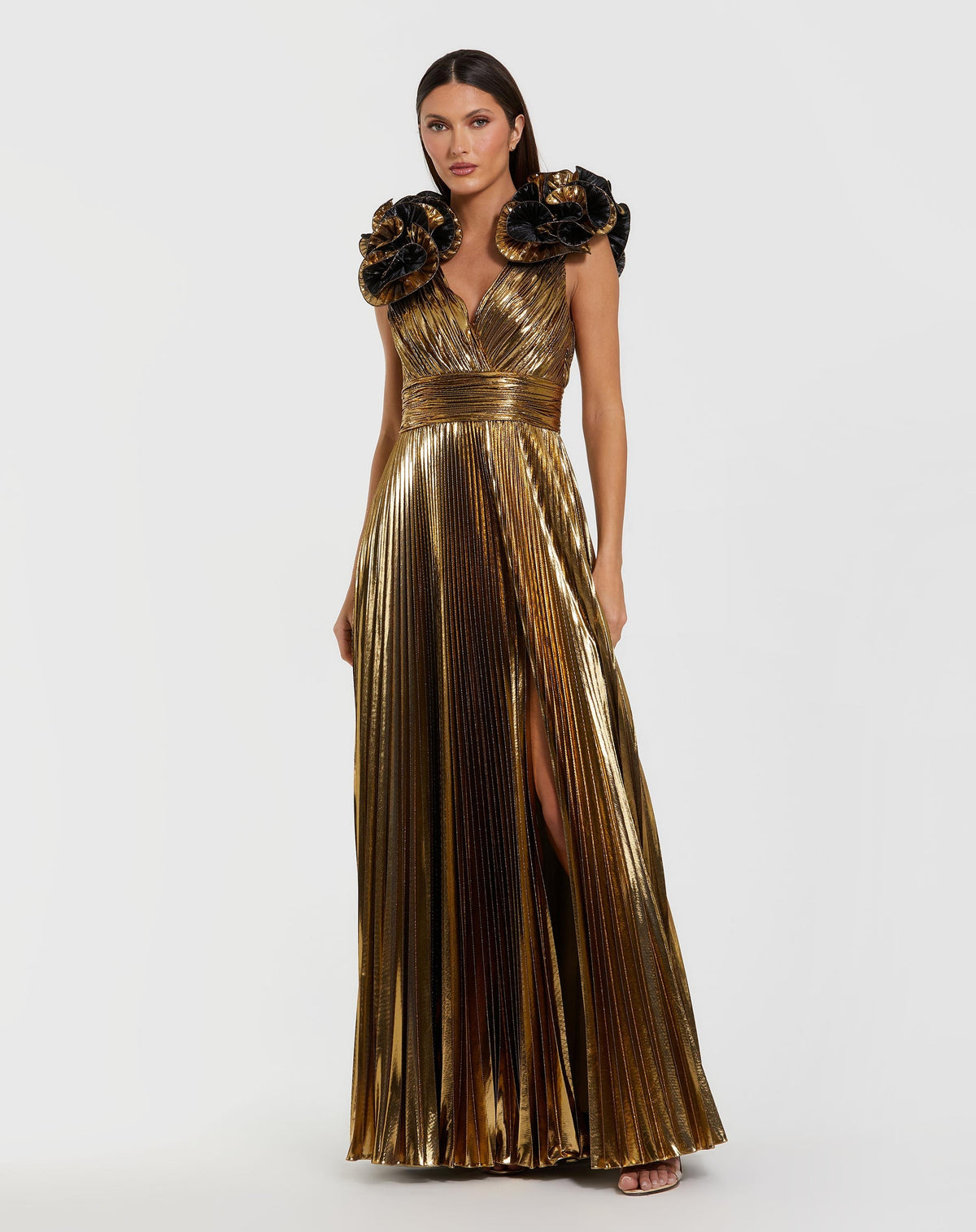 Gold Metallic Pleated Gown with Ruffle Shoulder Detail