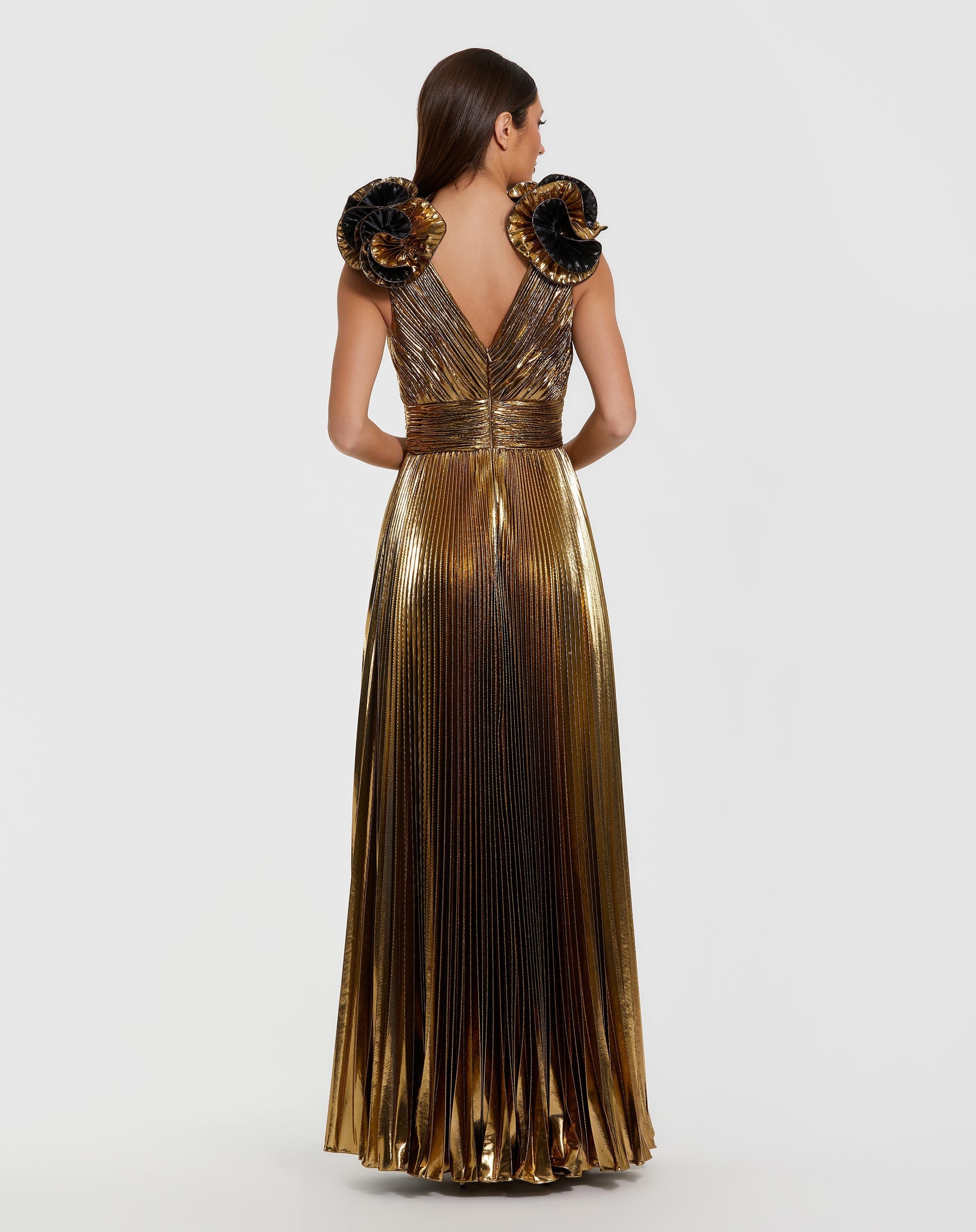 Gold Metallic Pleated Gown with Ruffle Shoulder Detail