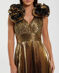 Gold Metallic Pleated Gown with Ruffle Shoulder Detail