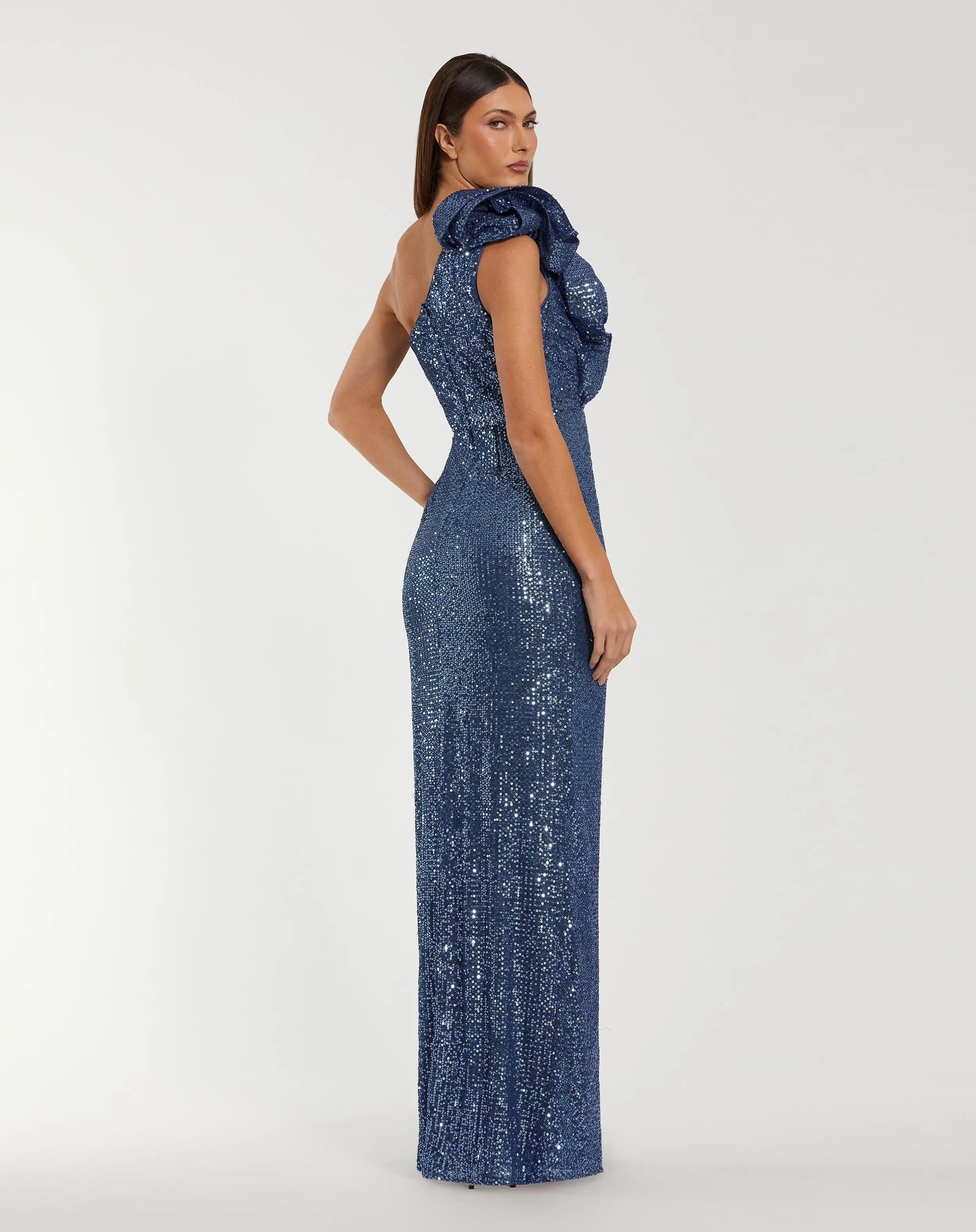 Blue One Shoulder Sequin Gown With Ruffle Detail