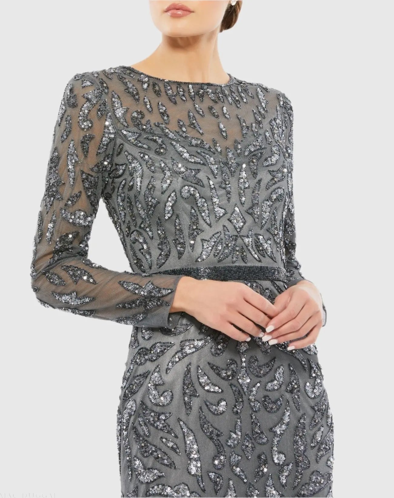 Dark Gray Long Sleeve Beaded Evening Gown
