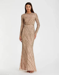 Beige Long Sleeve Beaded Column Gown