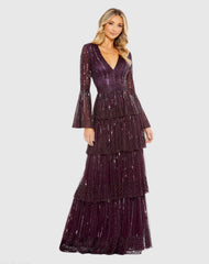 Purple Embellished Bell Sleeve Tiered Gown