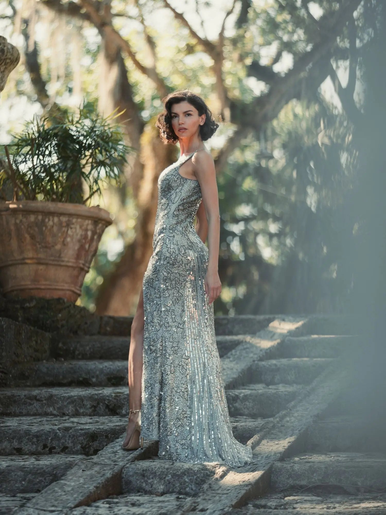 Silver Beaded Floral Sleeveless Gown