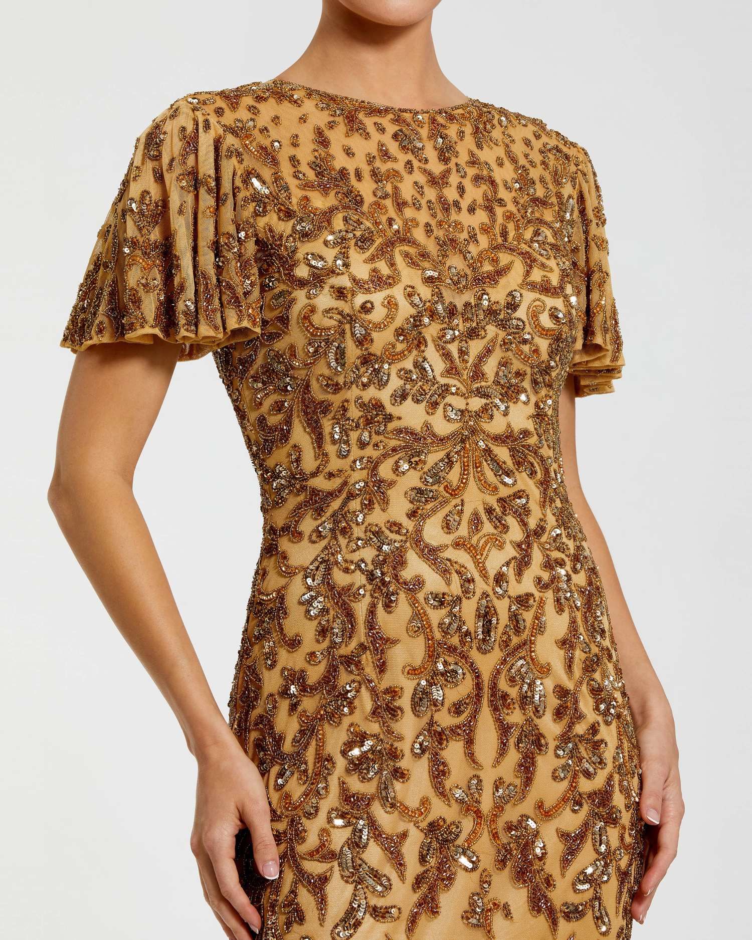 Gold Embellished High Neck Flutter Sleeve Gown