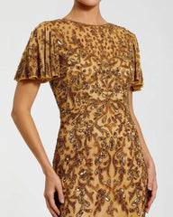 Gold Embellished High Neck Flutter Sleeve Gown