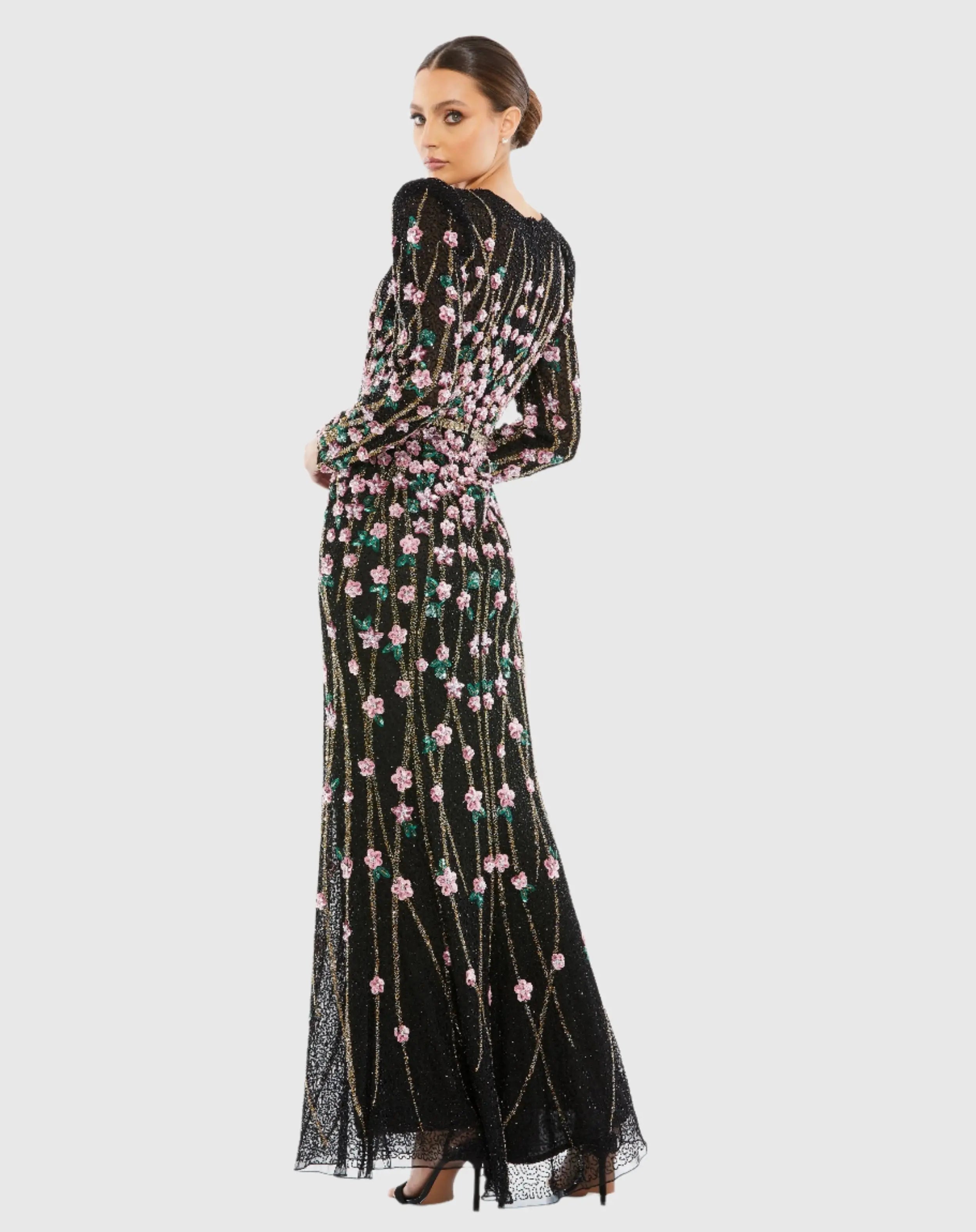 Black Embellished High Neck Long Sleeve Gown