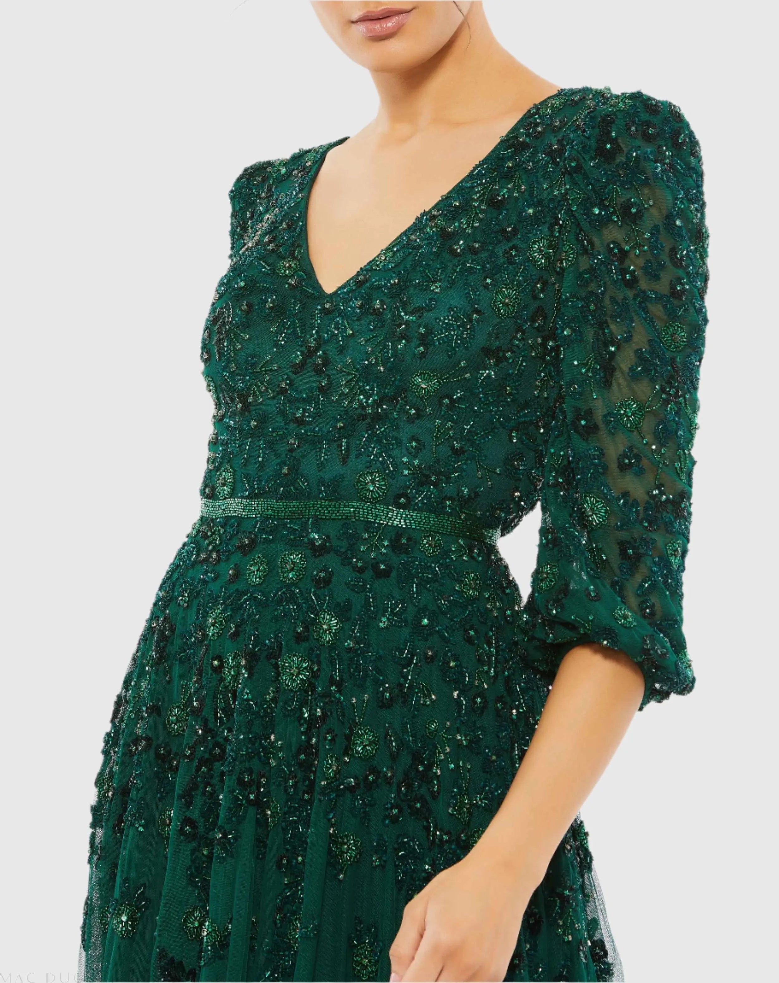 Green Embellished V Neck 3/4 Sleeve A Line Gown