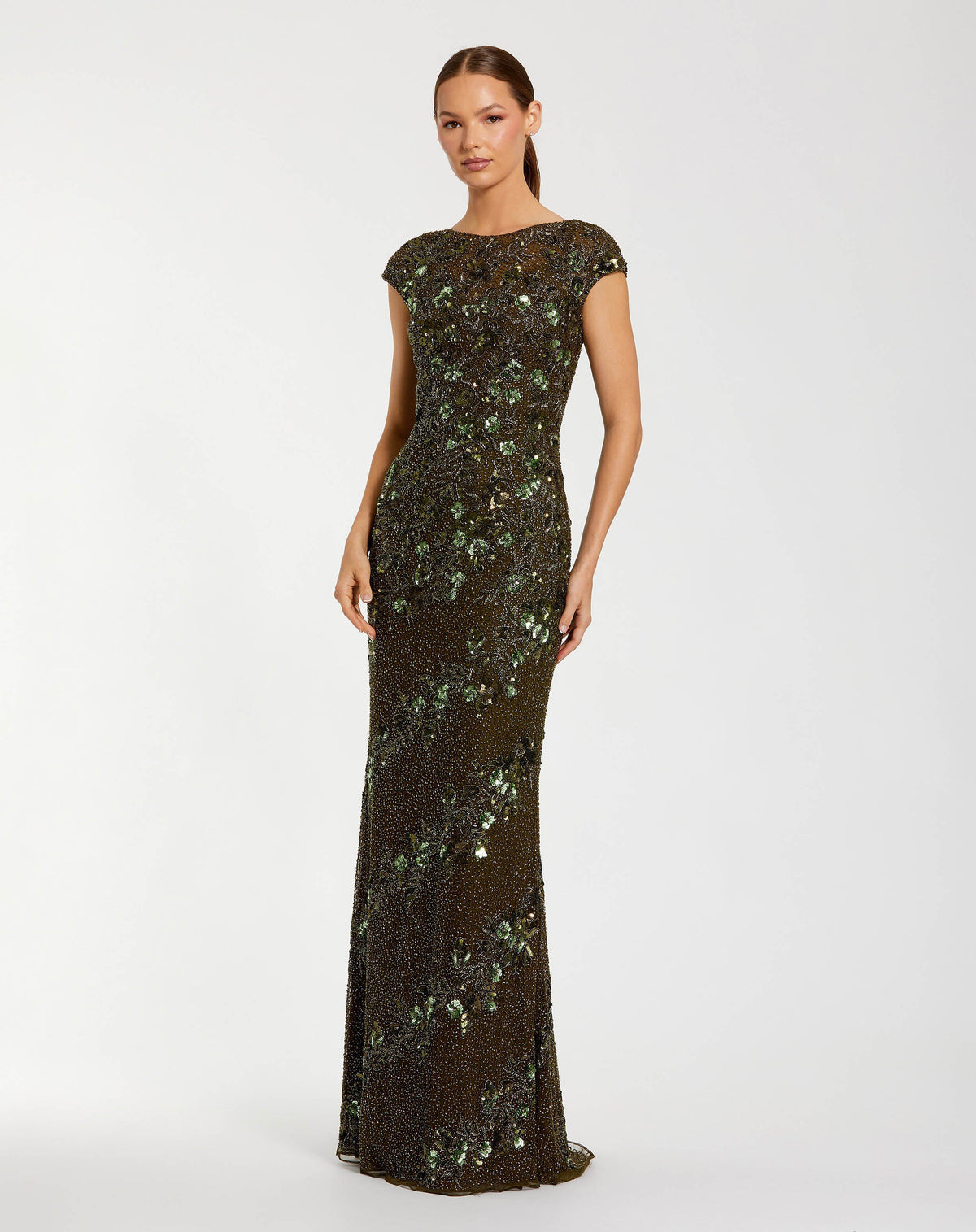 Green Floral Embellished Cap Sleeve Column Gown