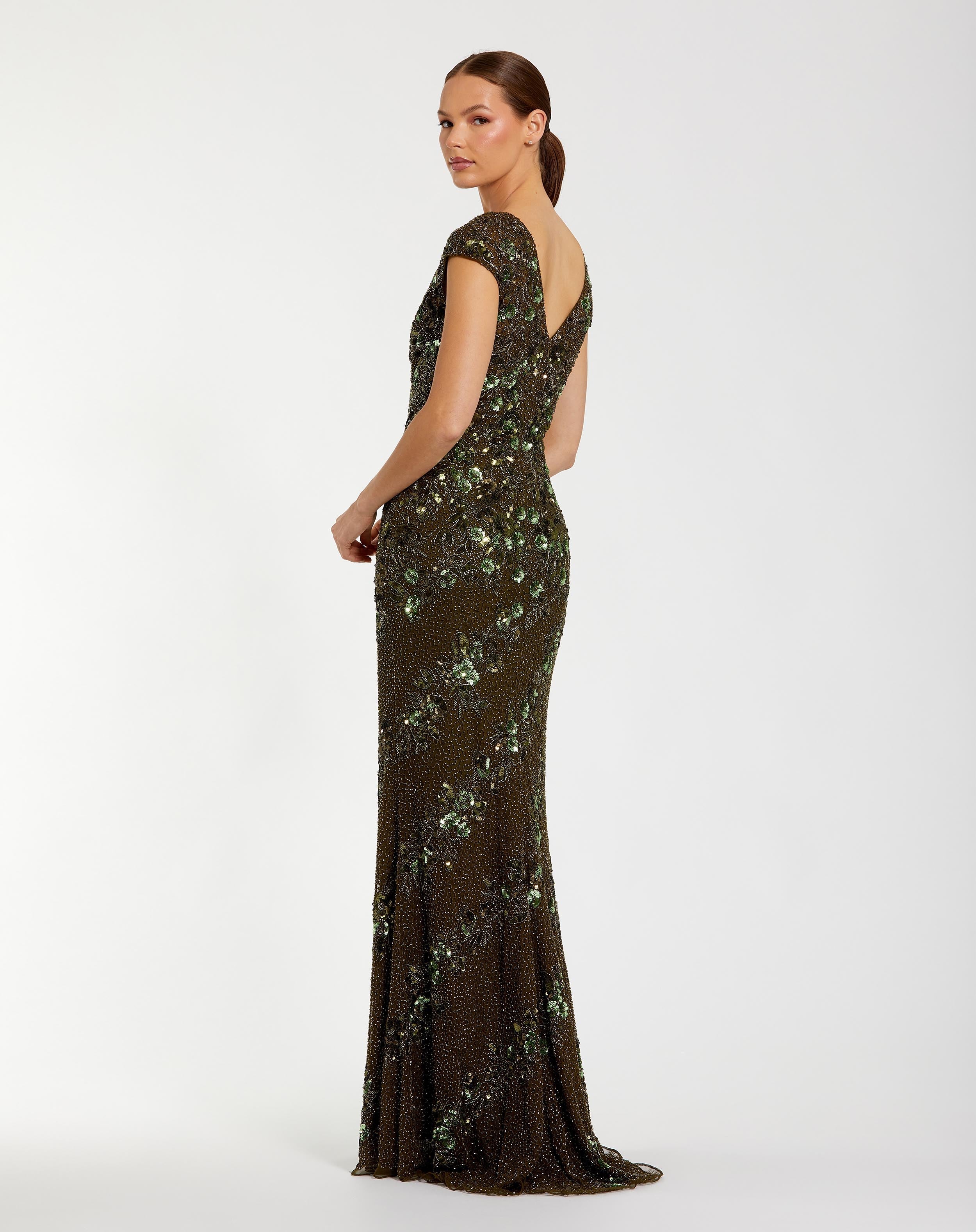 Green Floral Embellished Cap Sleeve Column Gown