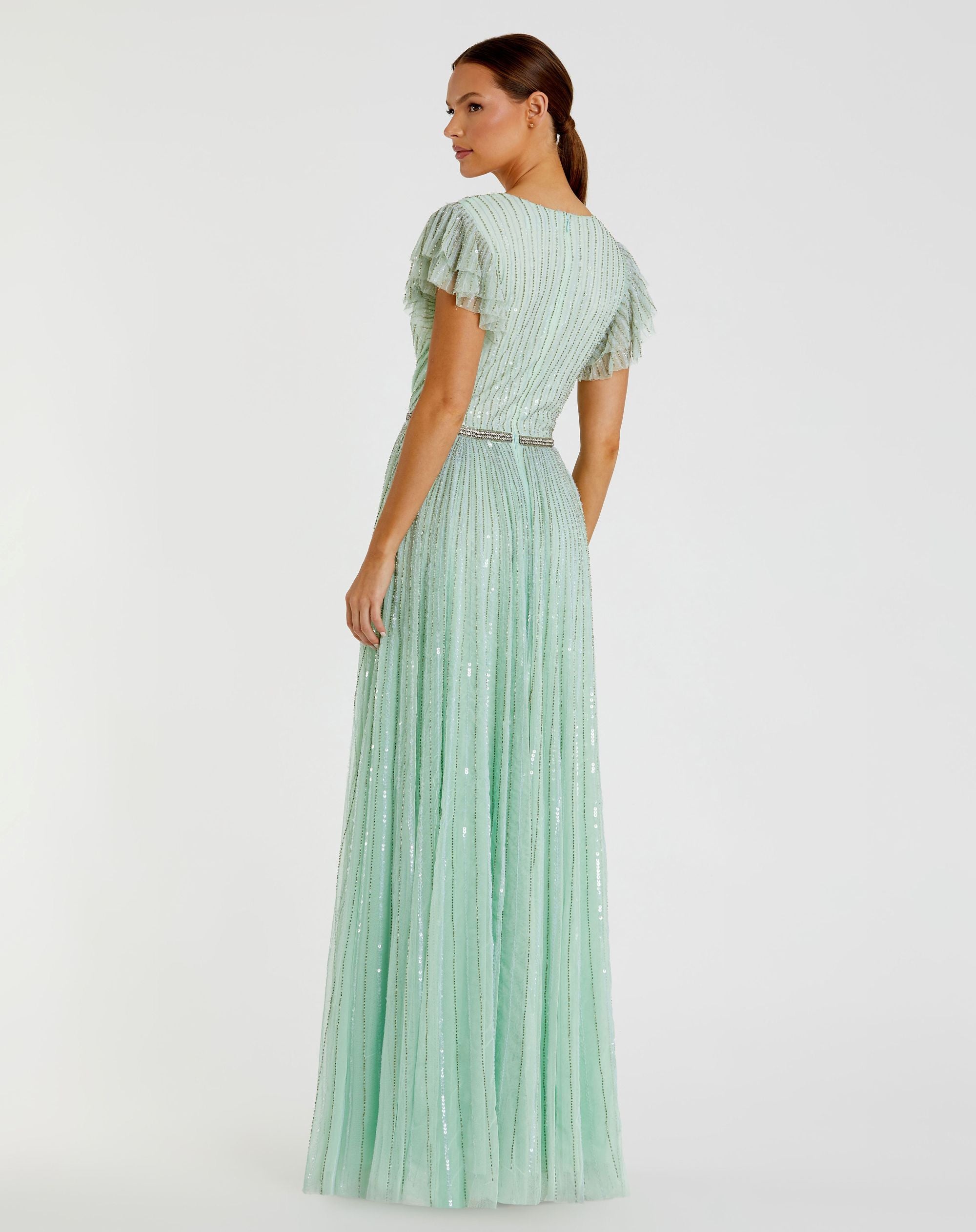 Green Sequined Wrap Over Ruffled Cap Sleeve Gown
