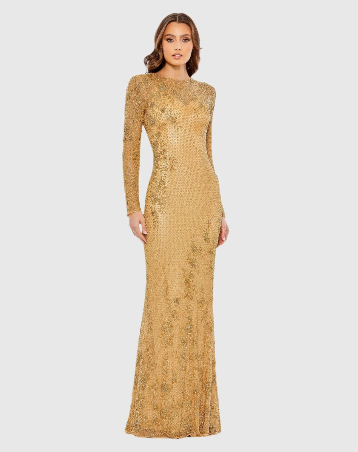 Gold Long Sleeve Embellished Gown