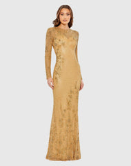 Gold Long Sleeve Embellished Gown