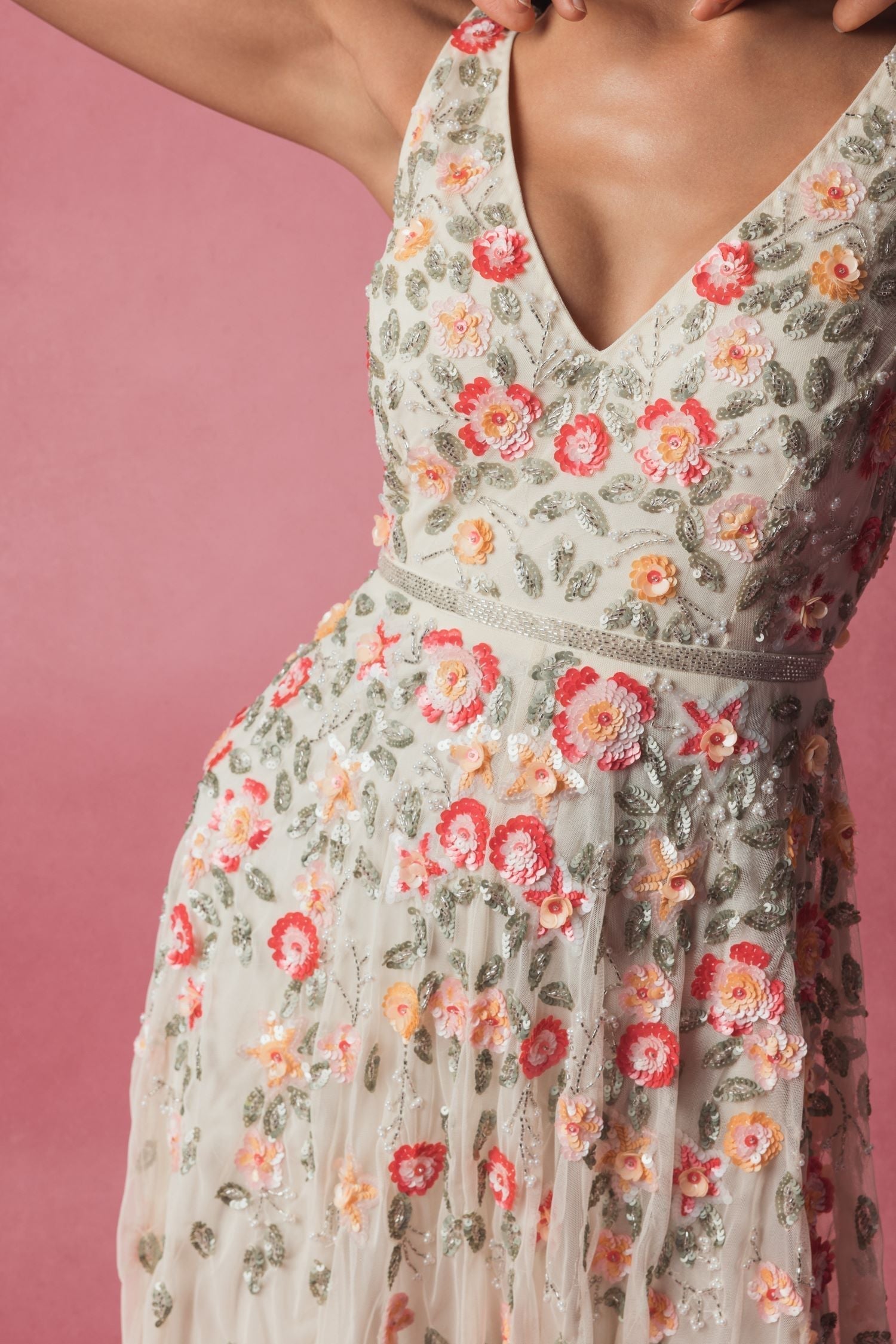 White V-Neck Sleeveless Midi Floral Beaded A-line Dress