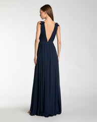 Navy Sleeveless Pleated Chiffon V-Neck Gown