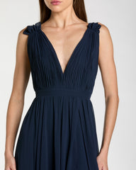 Navy Sleeveless Pleated Chiffon V-Neck Gown