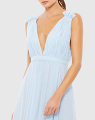 Blue Pleated Chiffon Sleeveless V-Neck Gown