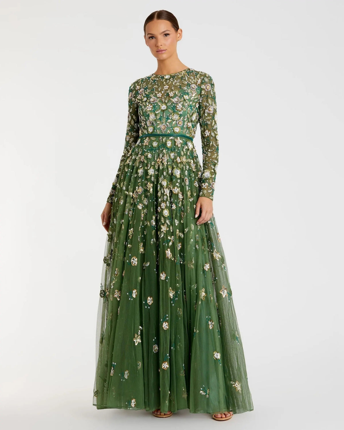 Green Embellished High Neck Long Sleeve A Line Gown