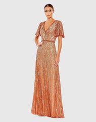 Orange Embellished V Neck Butterfly Sleeve Column Gown