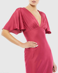 Pink Flounce Sleeve V-Neck Trumpet Gown