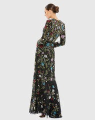 Black Floral Embellished Long Sleeve Gown
