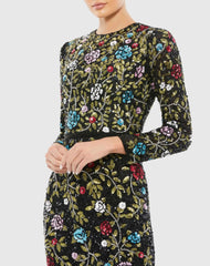 Black Floral Embellished Long Sleeve Gown