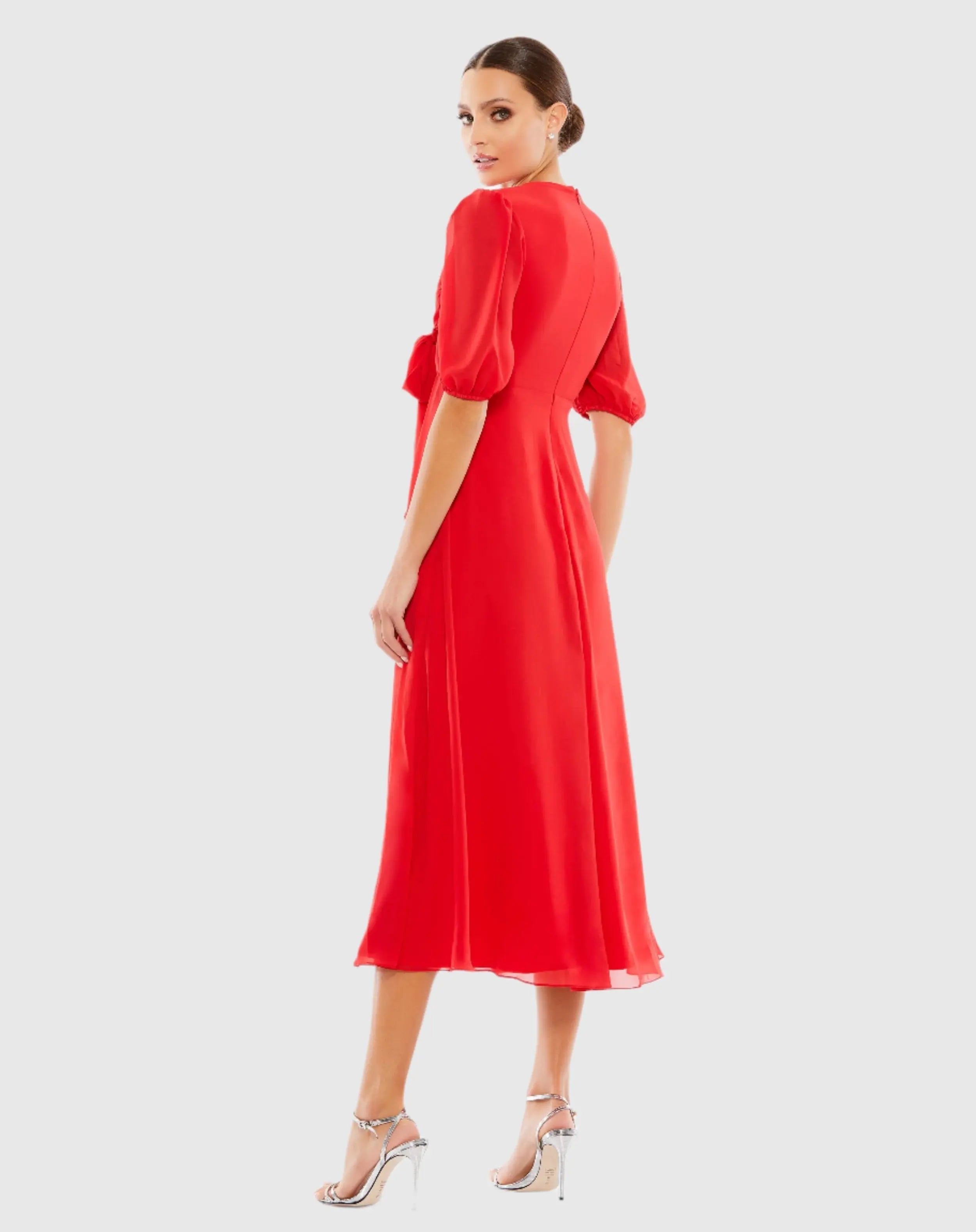Red V Neck Bow Detail Flowy Midi Dress
