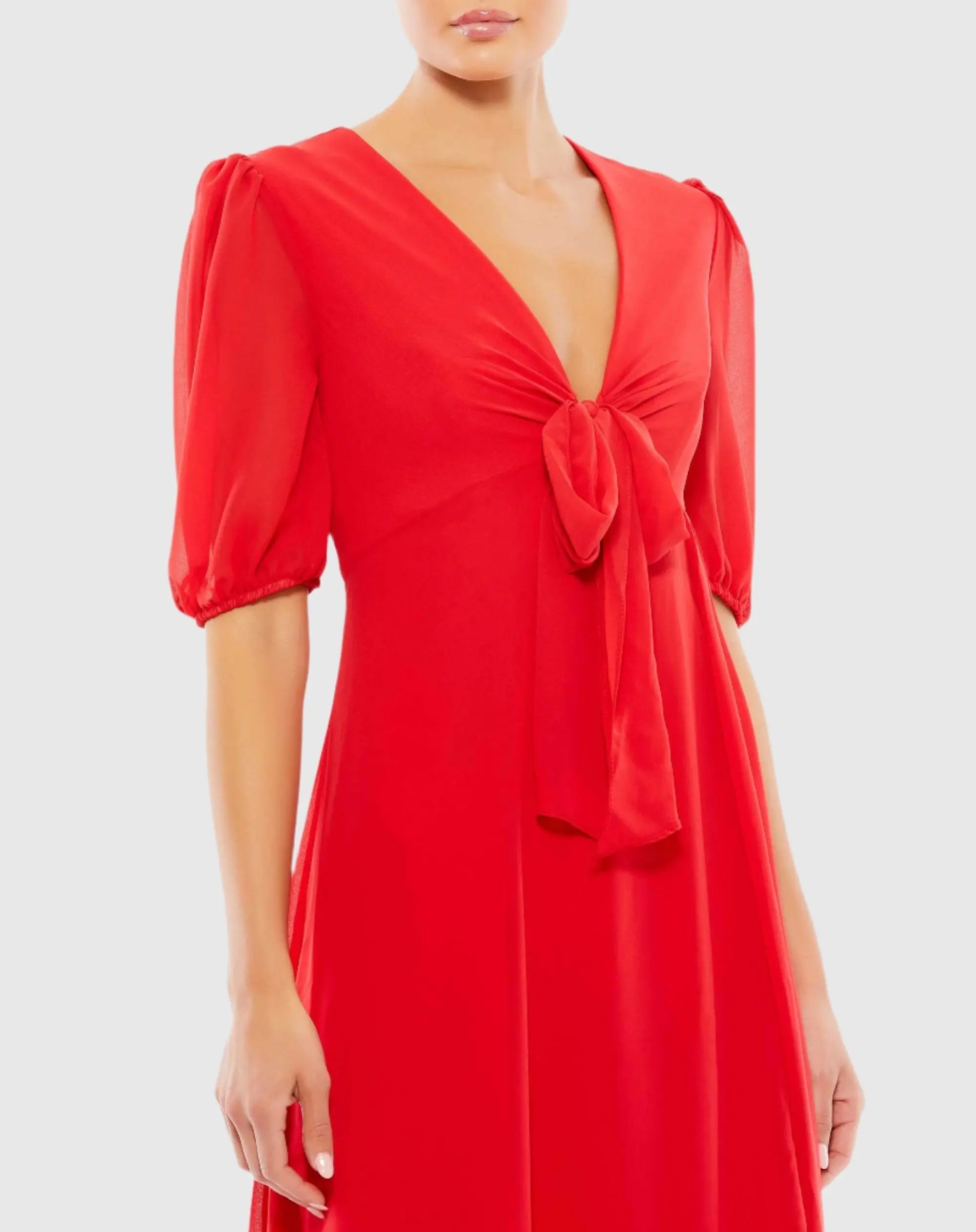 Red V Neck Bow Detail Flowy Midi Dress